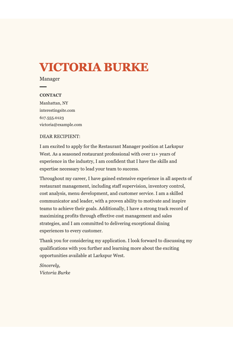Bold food service cover letter - Professional cover letter template for restaurant management positions with elegant typography and structured layout.
